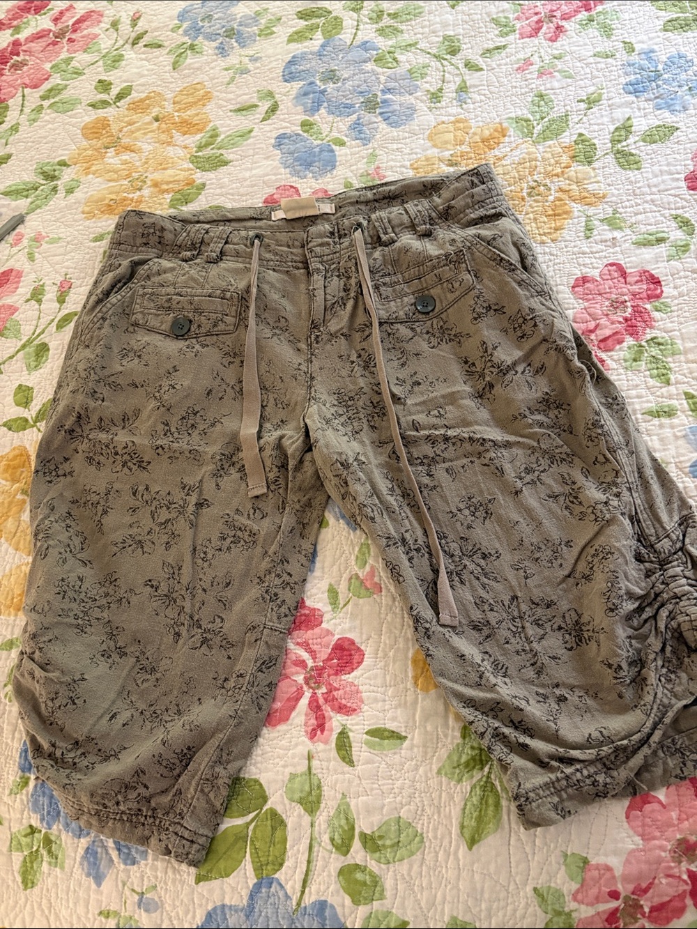 Anthropologie Olive Green Floral Drawstring Cargo Hybrids